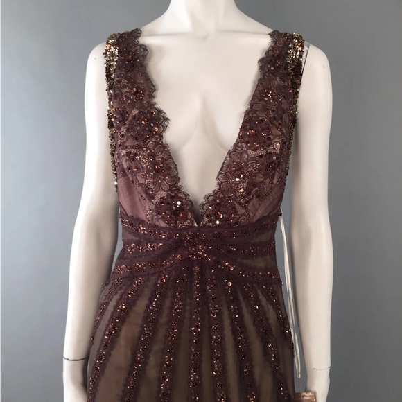 Mandalay Vintage Brown Beaded Gown Sequined Crystals Dress Deep V Neck 90s Y2K - Picture 2 of 12